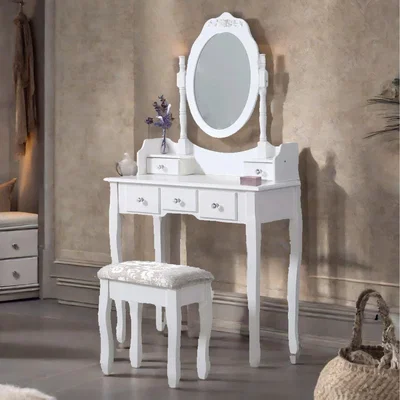 The Range 5 Drawer Floral Pattern Dressing Table With Round Mirror And Stool - White