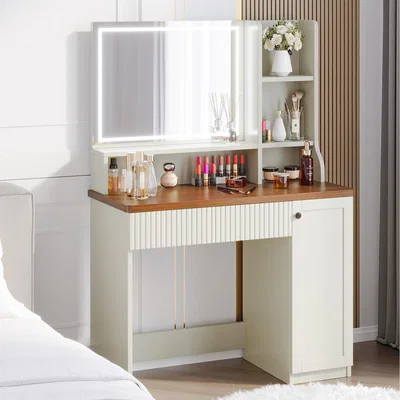 The Range Dressing Table with Dimmable LED Vanity Mirror - Brown & White / Small