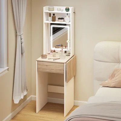 The Range HOMCOM Compact Dressing Table with Lighted Mirror Open Shelves Drawer - White
