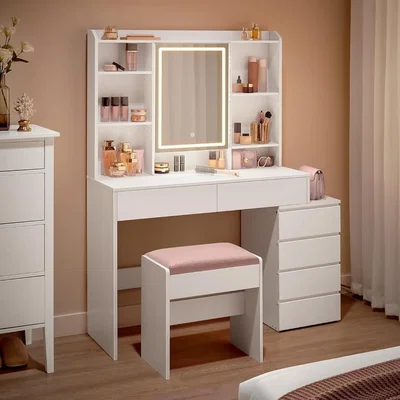The Range Vanity Dressing Table with LED Mirror Drawers, White - White