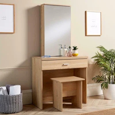 The Range Berlin Dressing Table with Sliding Mirror and Stool Set - Oak