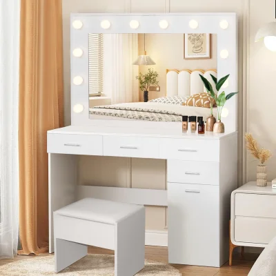 The Range Vanity Dressing Table with LED Hollywood Mirror, 4 Drawers, Storage Cabinet and  - White