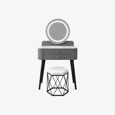 The Range Modern Dressing Table with Round Mirror, 2 Drawers & Padded Stool - Makeup Vanity Desk for Bedroom - Grey