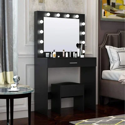 The Range Home Source Ella Dressing Table with Mirror and Stool - Black