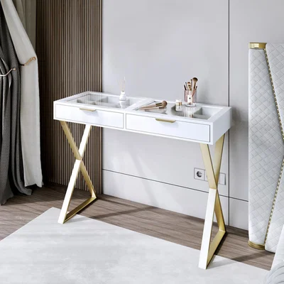 The Range Jess Glasstop White Dressing Table with 2 Drawers  - White/Gold