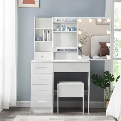 The Range Modern White Dressing Table With Sliding LED Mirror, 5 Drawers, Shelves, Stool - White
