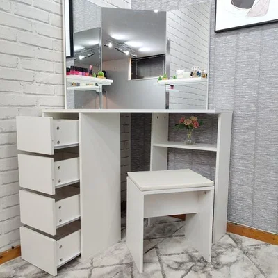 The Range Corner 4 Drawers White Make Up Dressing Table Set with 3 Mirror and Stool  - White