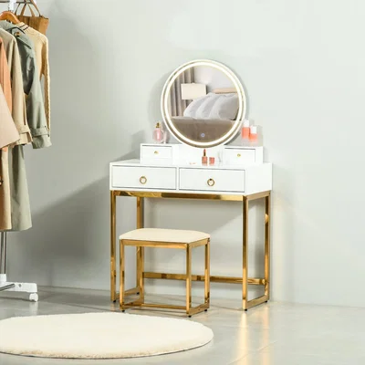 The Range Vanity Table Set Dressing Table with LED Light, 4 Drawers Cushioned Stool - White and Gold