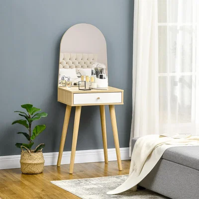 The Range Dressing Table with Mirror and Drawer, Vanity Table - Natural wood finish