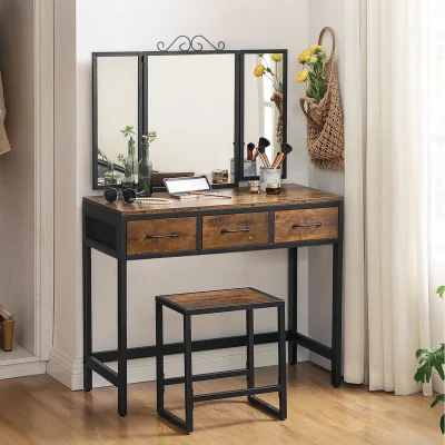 The Range Vanity Table and Stool Set, Dressing Table with Tri-Fold Mirror - Brown