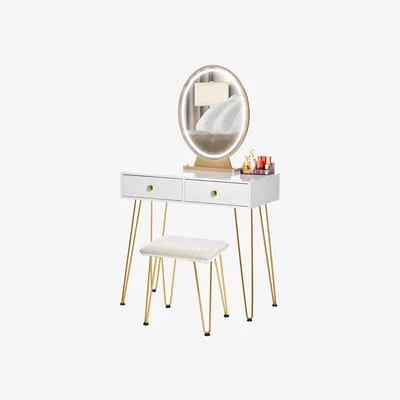 The Range 2 Drawer LED Dressing Table with Mirror with Stool - White