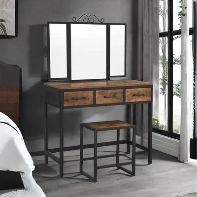 The Range Industrial Dressing Table With Mirror And Stool With 3 Drawers - Brown
