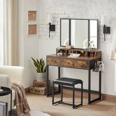 The Range Vanity Dressing Table Set with Tri-Fold Mirror, Stool and 3 Storage Drawers, Makeup Station Unit - Rustic Brown and Black