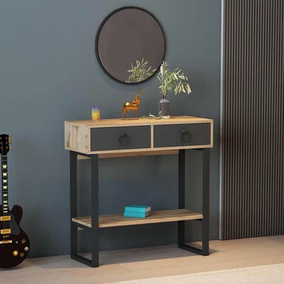 The Range Stein Metal Manufacture Wood Dresuar Console Table with Drawers and Shelf - Dark Oak & Anthracite