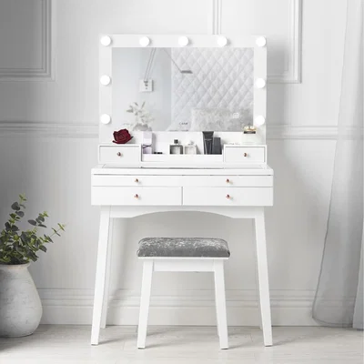 The Range Taylor White Dressing Table with Hollywood Mirror LED Lights Stool - White