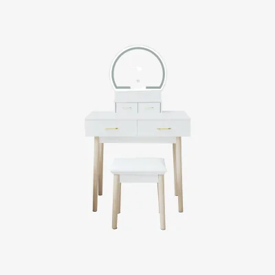 The Range Hollywood Dressing Table Set with Round Mirror LED Lights (White) - White