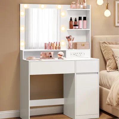 The Range VASAGLE Dressing Table with LED Mirror, Power Strip - White