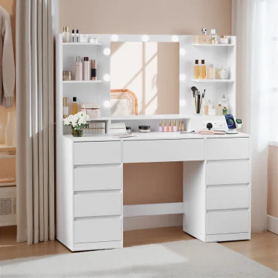 The Range Dressing Table with LED Mirror, Desk with Power Outlets, 9 Drawers - White