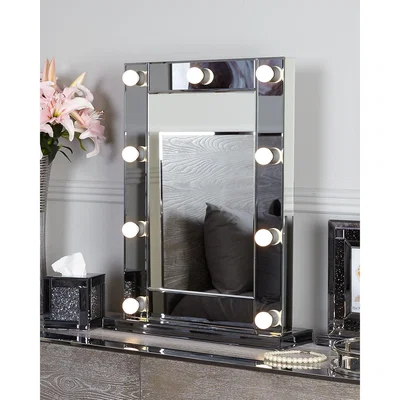 Teddy Beau Deco Home Smoked Glass Dressing Table Mirror With 9 Dimmable LED Light Bulbs