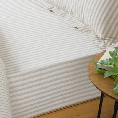 French Bedroom Petit Breton Stripe Fitted Sheet in Sand (Superking)