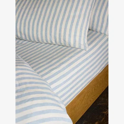 John Lewis Piglet in Bed Pembroke Stripe Linen Blend Fitted Sheet, Coastal Blue