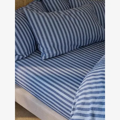 John Lewis Piglet in Bed Amberley Stripe Linen Blend Fitted Sheet, Dusty Blue