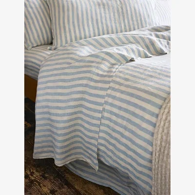 John Lewis Piglet in Bed Pembroke Stripe Linen Blend Flat Sheet, Coastal Blue