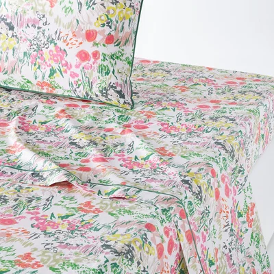 La Redoute Coloured Field Floral 100% Cotton Percale 200 Thread Count Flat Sheet