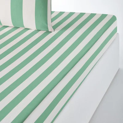 La Redoute Hendaye Green Striped H25cm 100% Cotton Fitted Sheet