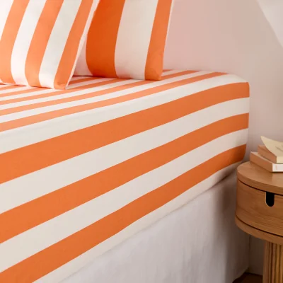 La Redoute Hendaye Orange Striped Cotton Fitted Sheet with 25cm Flap