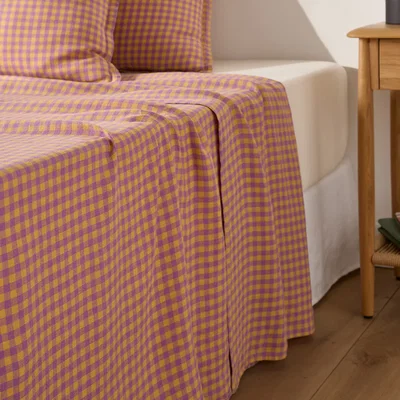 La Redoute Acélie Lavender/Ochre Washed Linen Flat Sheet