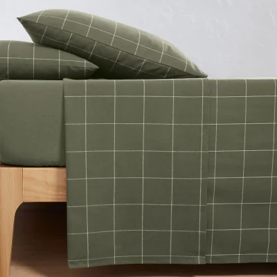 La Redoute Charlie Khaki Brushed Cotton Checked Flat Sheet