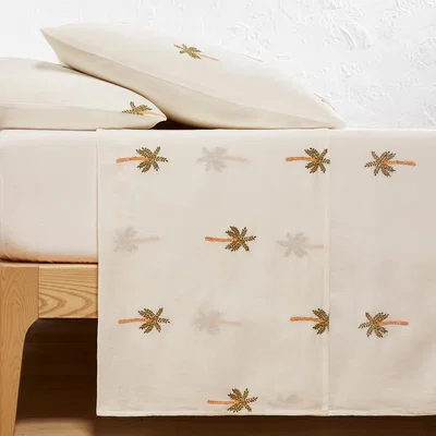 La Redoute Ravenel Embroidered Palms Cotton & Washed Linen Flat Sheet