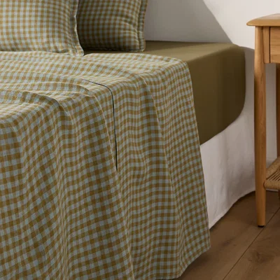 La Redoute Acélie Olive/Opaline Washed Linen Flat Sheet