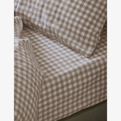 Marks & Spencer Piglet In Bed Pure Linen Gingham Fitted Sheet Oatmeal Mix