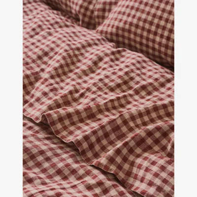 Marks & Spencer Piglet In Bed Pure Linen Gingham Flat Sheet Red Mix