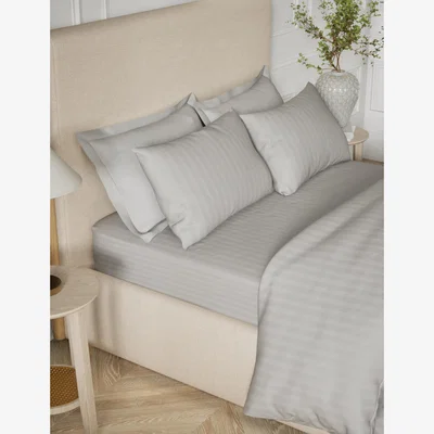 Marks & Spencer M&S Collection Pure Cotton Sateen Stripe Fitted Sheet - 6FT - Silver Grey, White,Silver Grey