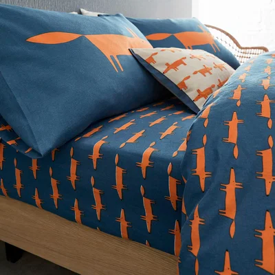 The Rug Seller Mr Fox Brushed Cotton Fitted Sheet Scion in Denim Orange