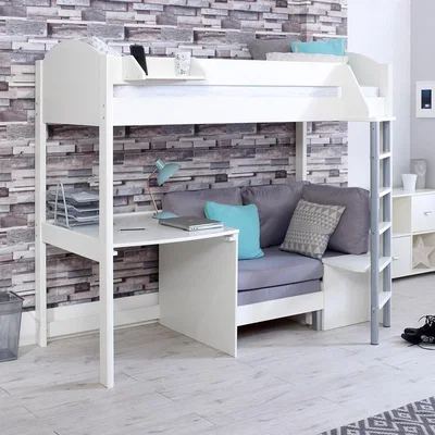 Cuckooland Noah Kids High Sleeper Bed in White with Desk and Sofa Bed - Lilac Details / Silver Sofa Bed