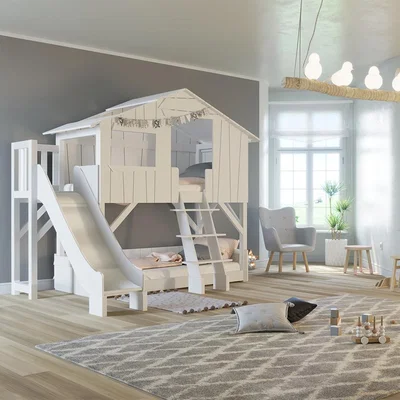 Cuckooland Mathy by Bols Treehouse Bunk Bed with Slide & Platform  - Mathy Summer Pink