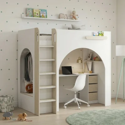 Happy Beds Curve - Single - Storage High Sleeper Bed with Desk, Shelving and Wardrobe - White/Oak - Wooden - 3ft