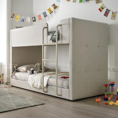 Happy Beds Saturn - Single - Kids Bunk Bed - Neutral Oatmeal - Fabric - 3ft - Happy Beds