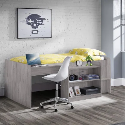 Happy Beds Neptune - Single - Kids Mid Sleeper Bed - Cabin Bed - Storage and Desk - Grey Oak - Wooden - 3ft - Happy Beds