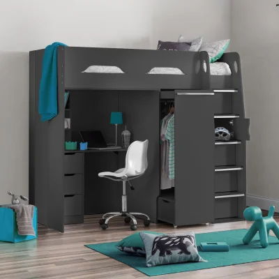 Happy Beds Pegasus - Single - Kids High Sleeper Bed - Anthracite Grey - Wood - 3ft - Happy Beds