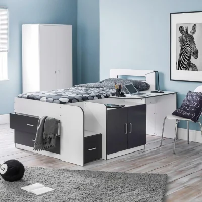 Happy Beds Cookie - Single - Kids Cabin Bed - Desk and Storage - Grey and White - Wooden - 3ft - Happy Beds