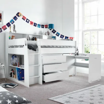 Happy Beds Ersa - Single - Kids Mid Sleeper Bed Bed - Storage and Desk - White - Wooden - 3ft - Happy Beds