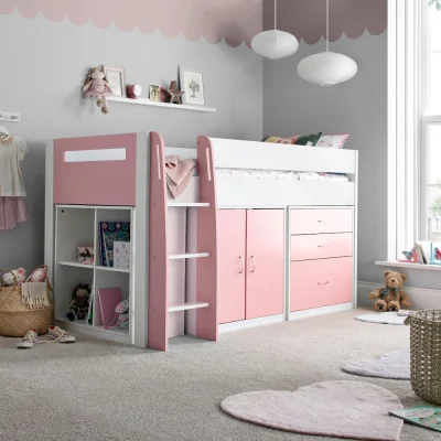 Happy Beds Lacy - Single - Storage Midsleeper Bed - White/Pink - Wooden - 3ft - Happy Beds