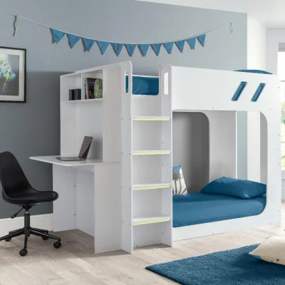 Happy Beds Venus - Single - Kids Bunk Bed - Storage and Desk - White Wooden - 3ft - Happy Beds