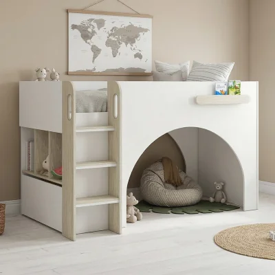 Happy Beds Curve - Single - Storage Midsleeper Bed with Shelves and Drawer - White/Oak - Wooden - 3ft