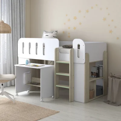 Happy Beds Amelia - Single – Mid Sleeper with Storage and Pull-Out Desk – White/Pale Wood - Particleboard - 3ft